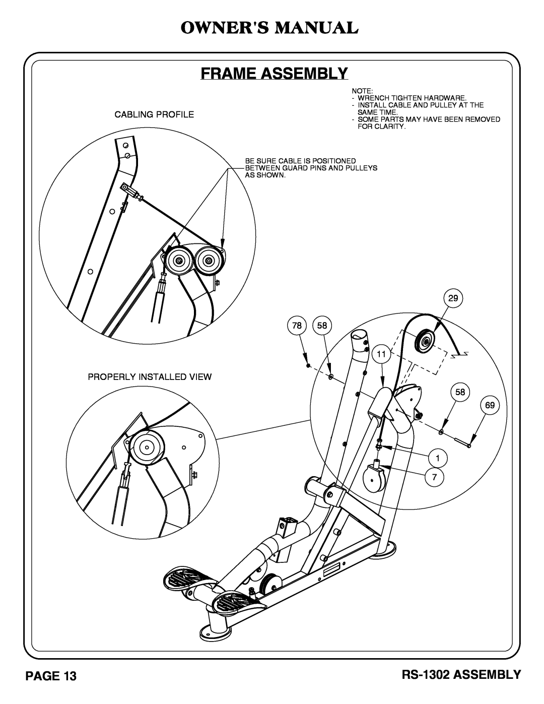 Hoist Fitness owner manual Owners Manual Frame Assembly, RS-1302 ASSEMBLY, Some Parts May Have Been Removed For Clarity 