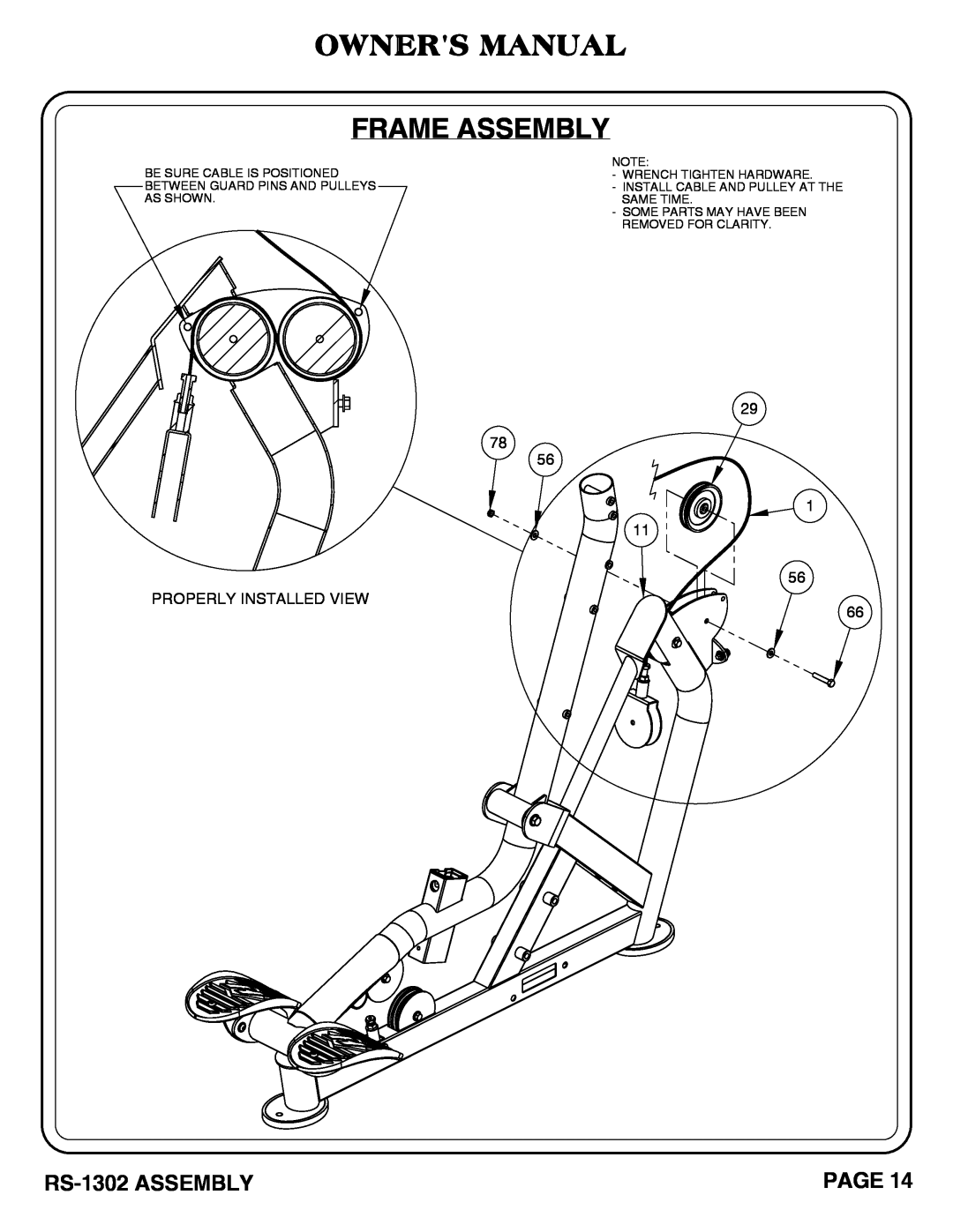 Hoist Fitness RS-1302 owner manual Owners Manual Frame Assembly, Page, Some Parts May Have Been Removed For Clarity 