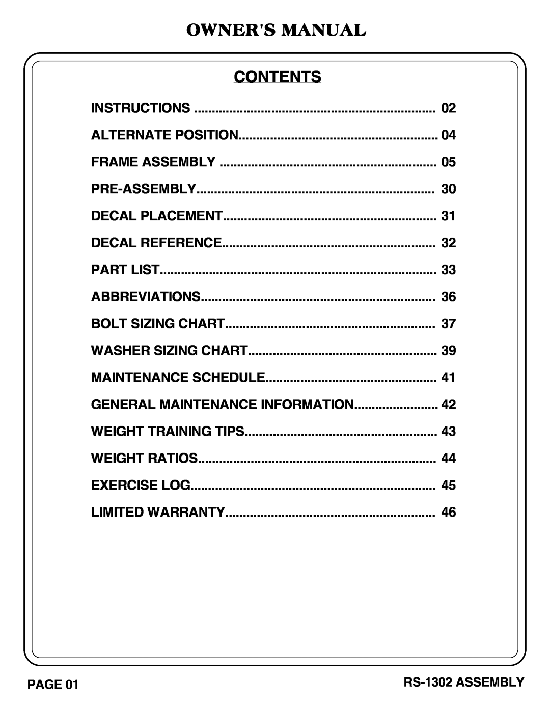 Hoist Fitness RS-1302 owner manual Owners Manual, Contents 