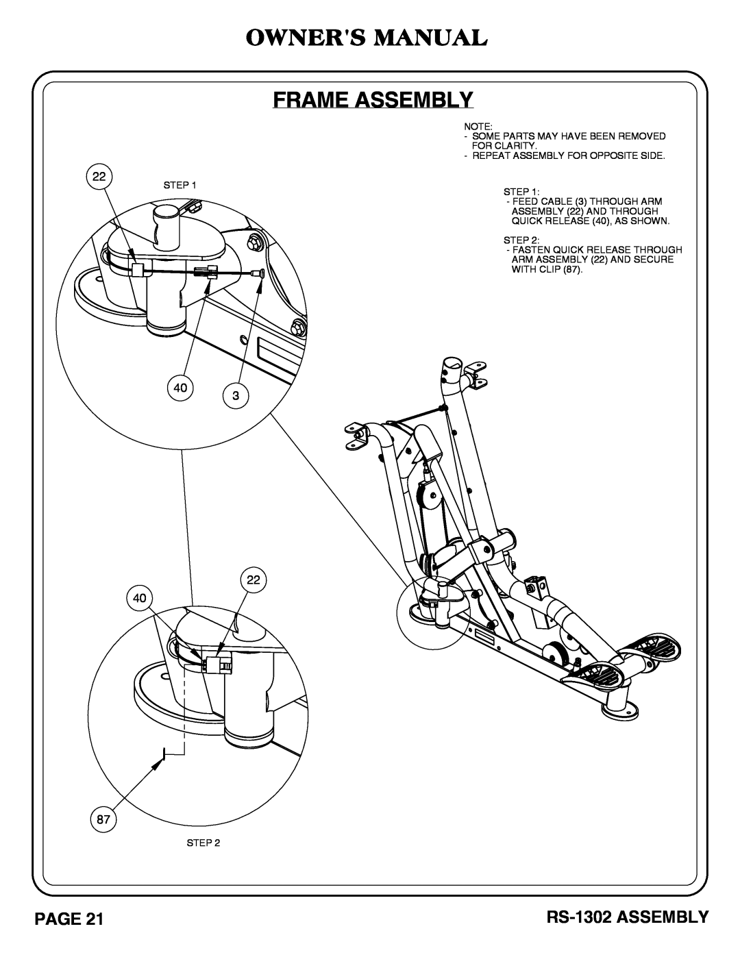 Hoist Fitness Owners Manual Frame Assembly, RS-1302 ASSEMBLY, Some Parts May Have Been Removed For Clarity, Step 