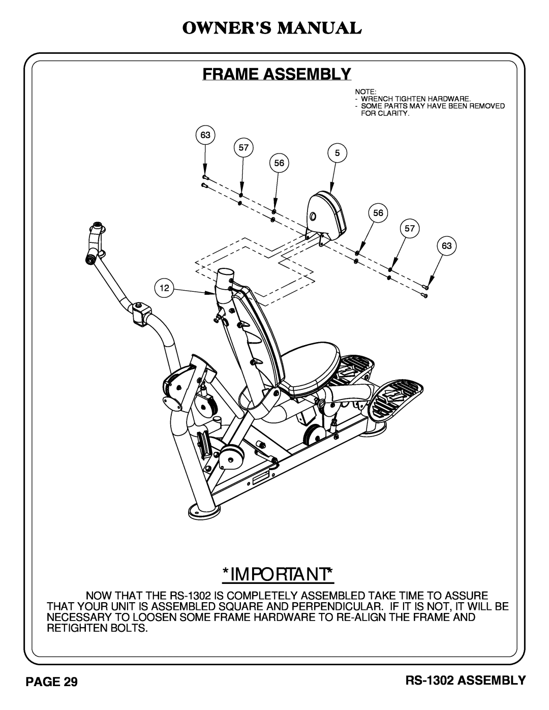 Hoist Fitness owner manual Owners Manual Frame Assembly, RS-1302 ASSEMBLY 