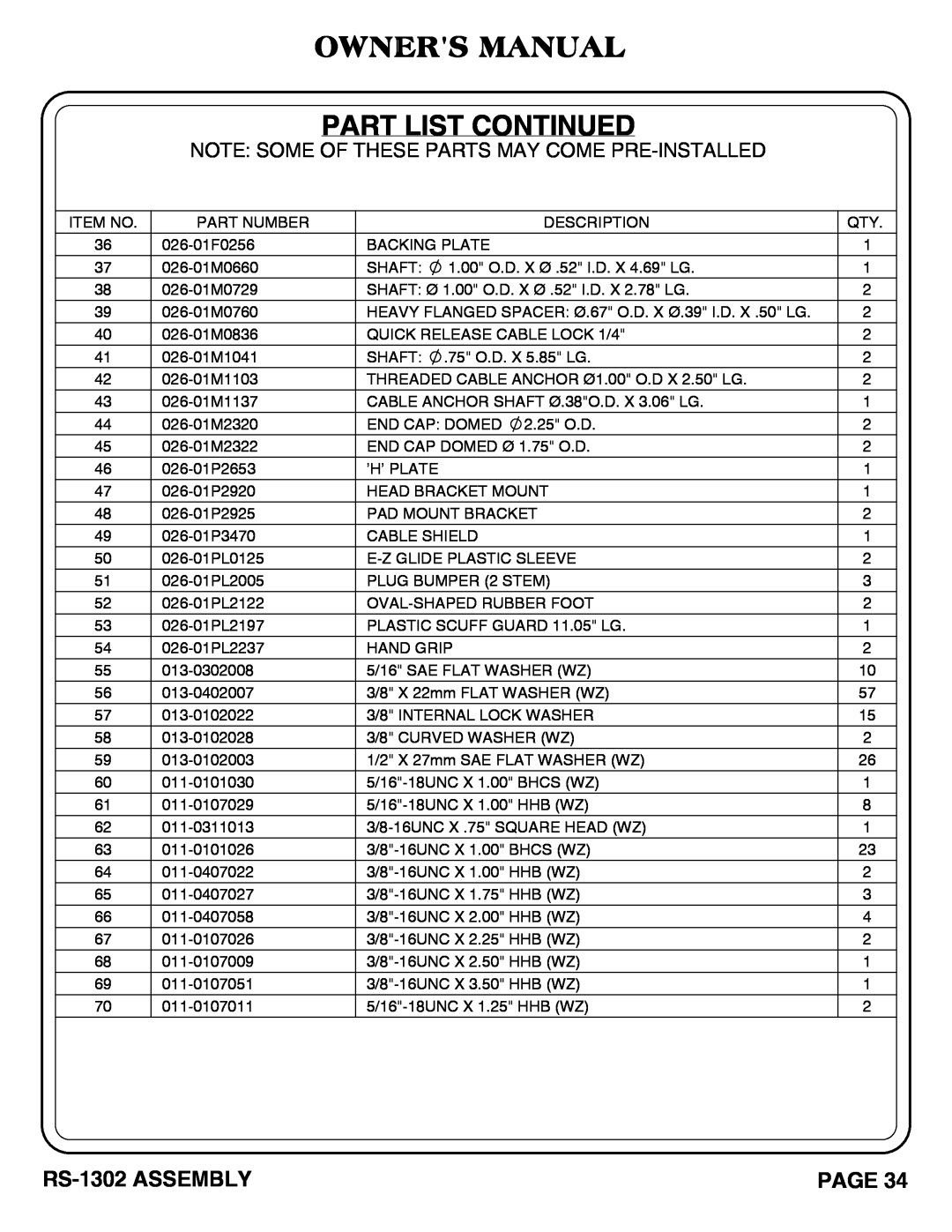 Hoist Fitness owner manual Owners Manual Part List Continued, RS-1302 ASSEMBLY, Page 