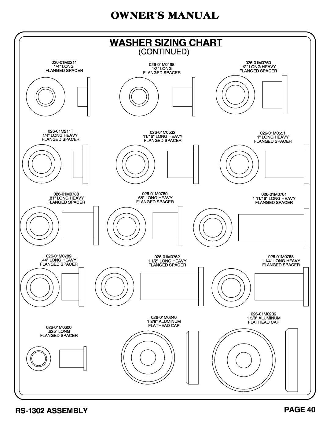 Hoist Fitness RS-1302 owner manual Owners Manual Washer Sizing Chart, Page, 026-01M0211 1/4 LONG FLANGED SPACER 