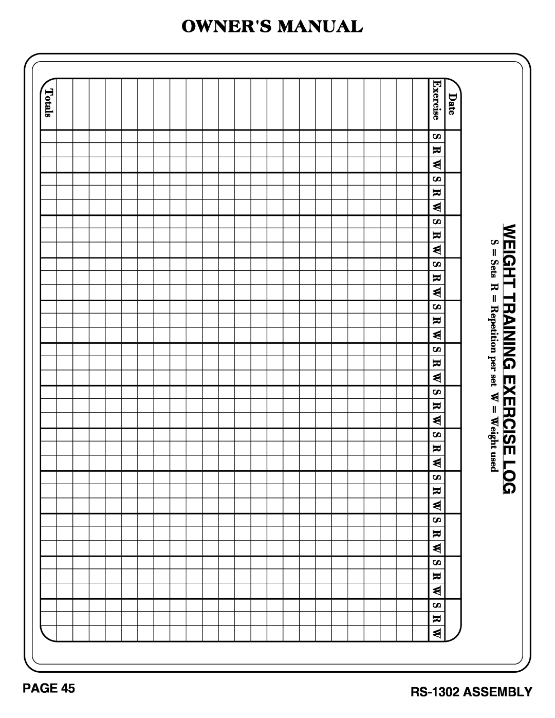 Hoist Fitness RS-1302 Weight Training Exercise Log, S = Sets R = Repetition per set W = Weight used Date, Totals 