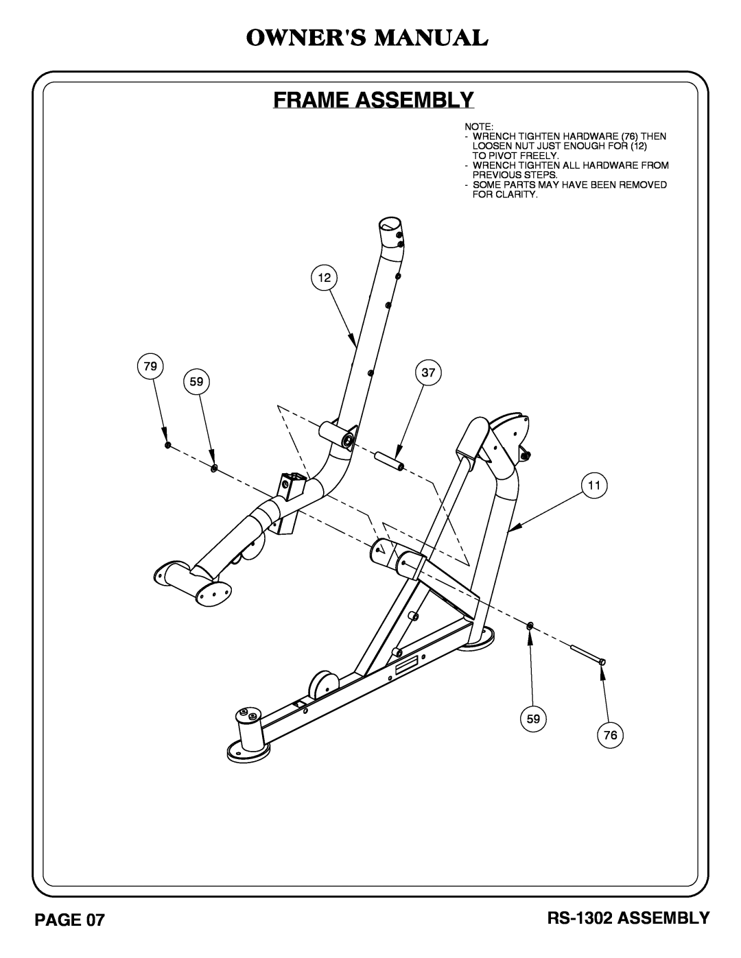 Hoist Fitness owner manual Owners Manual Frame Assembly, RS-1302 ASSEMBLY, Some Parts May Have Been Removed For Clarity 