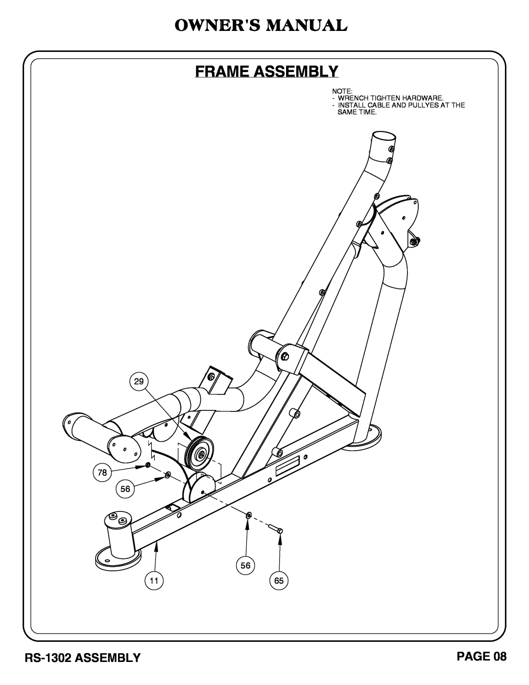 Hoist Fitness RS-1302 owner manual Owners Manual Frame Assembly, Page 