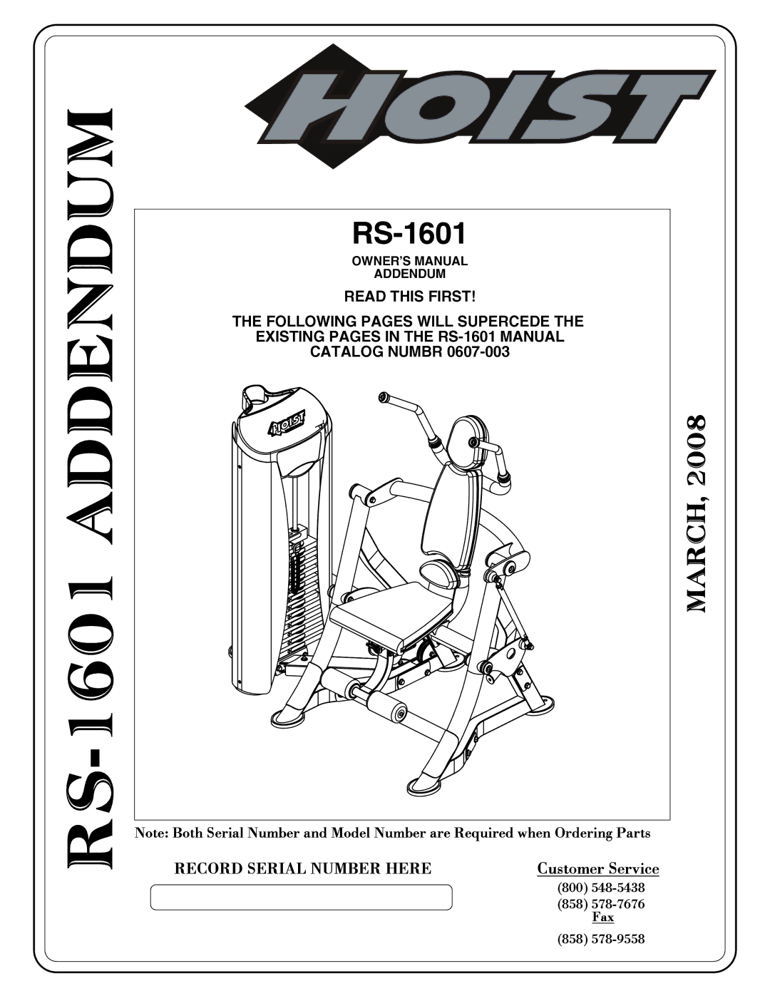 Hoist Fitness owner manual RS-1601 Addendum 