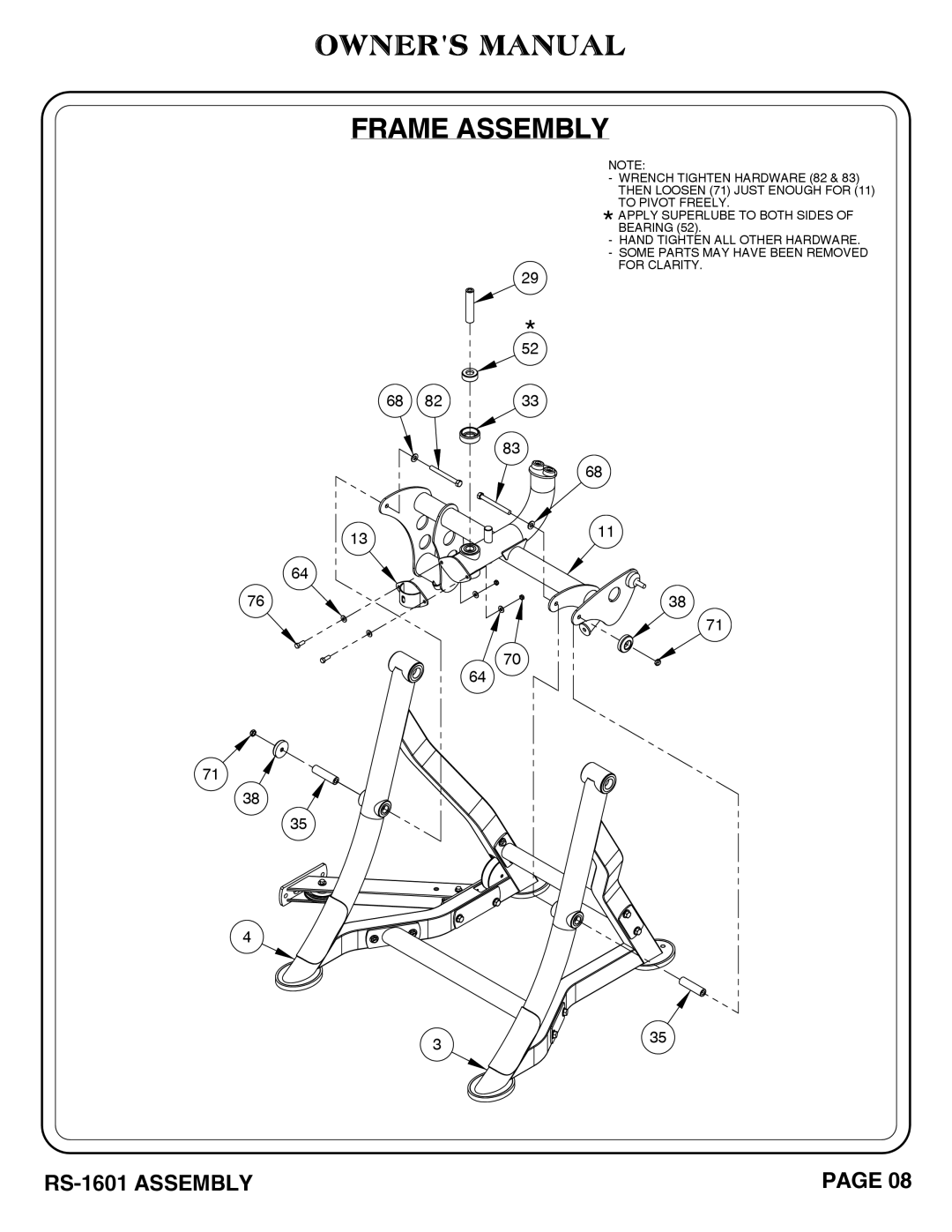 Hoist Fitness RS-1601 owner manual Frame Assembly 