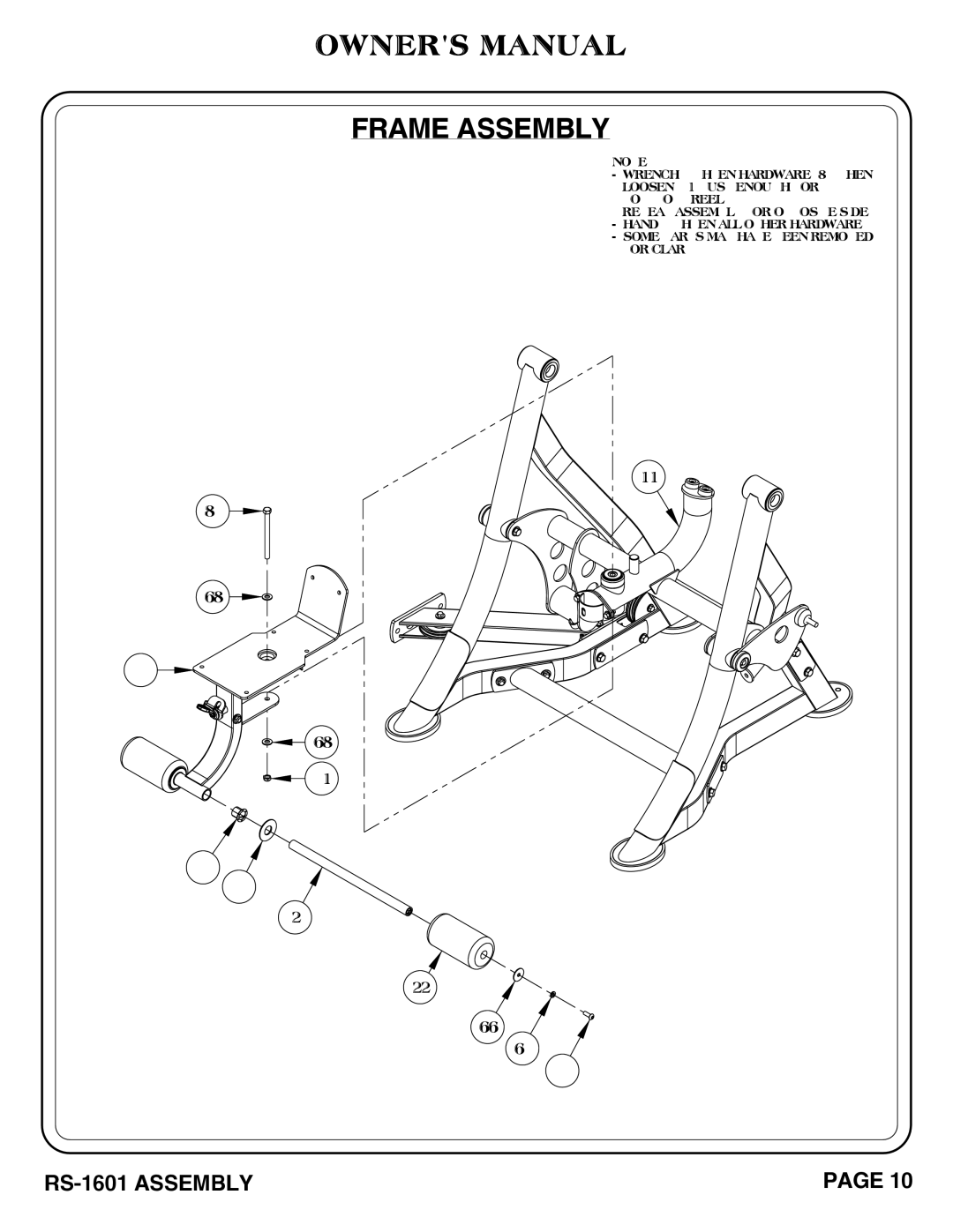 Hoist Fitness RS-1601 owner manual Frame Assembly 