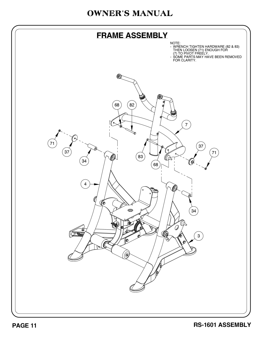 Hoist Fitness RS-1601 owner manual Frame Assembly 