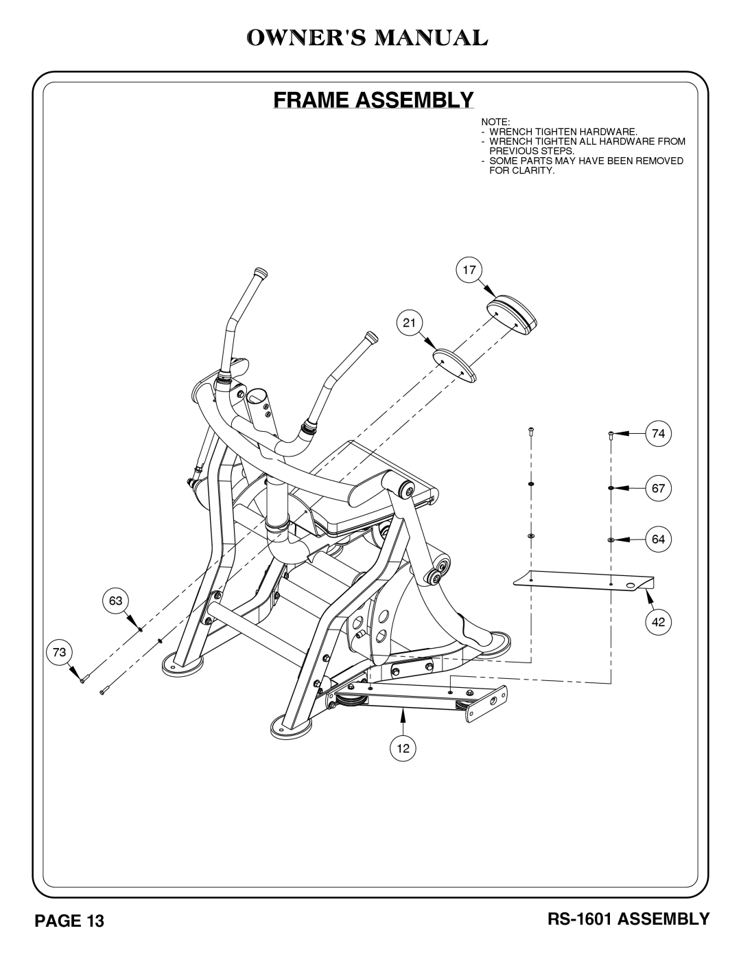 Hoist Fitness RS-1601 owner manual Frame Assembly 