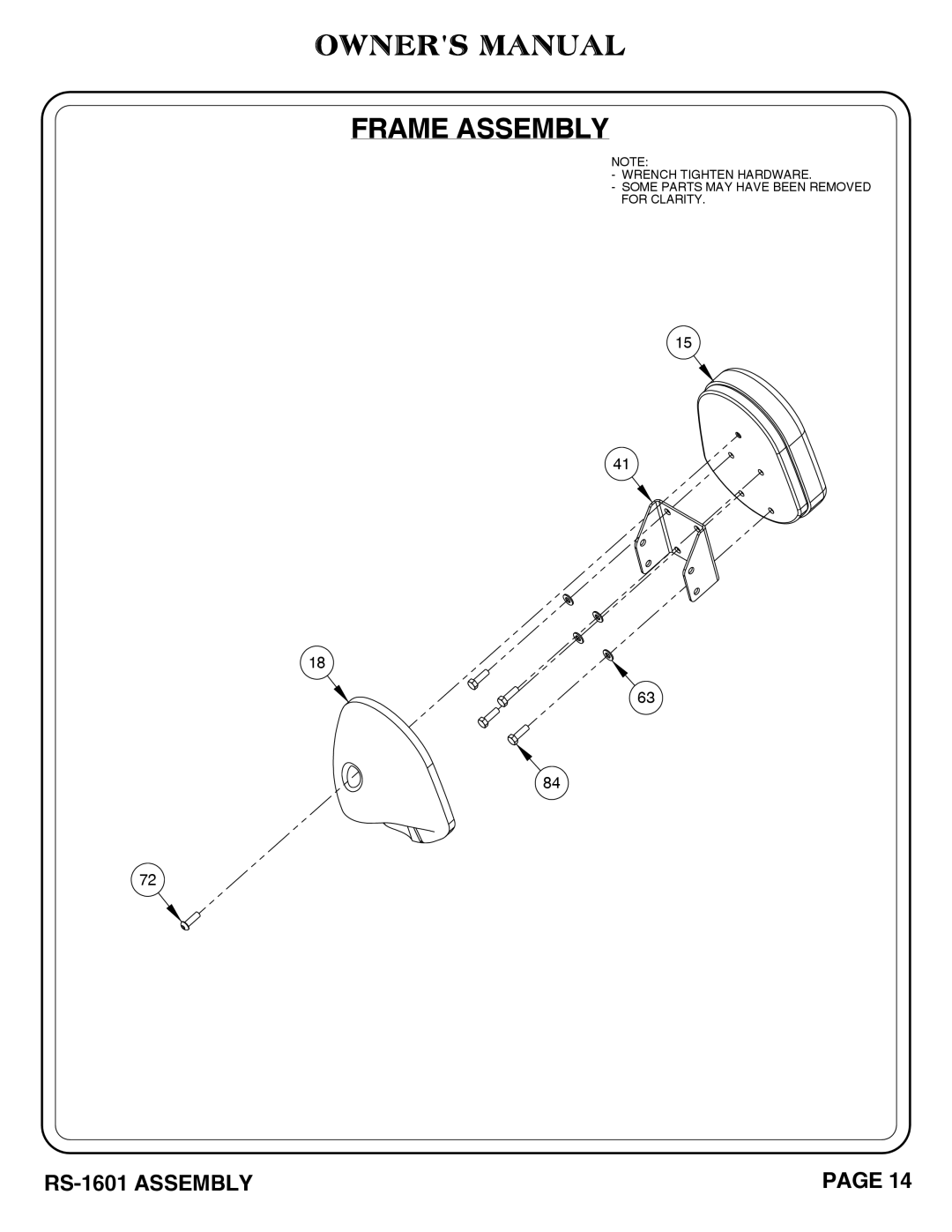 Hoist Fitness RS-1601 owner manual Frame Assembly 