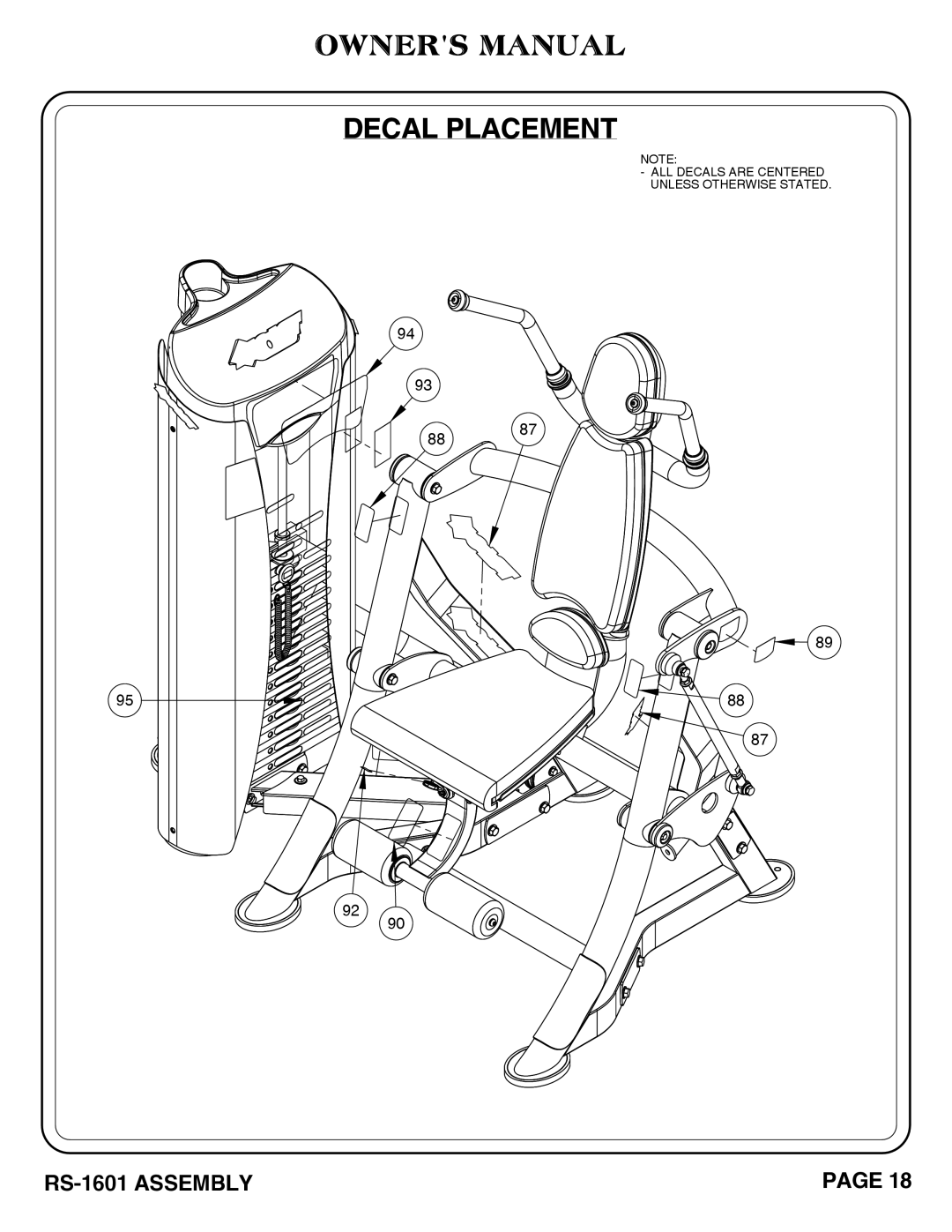 Hoist Fitness RS-1601 owner manual Decal Placement 