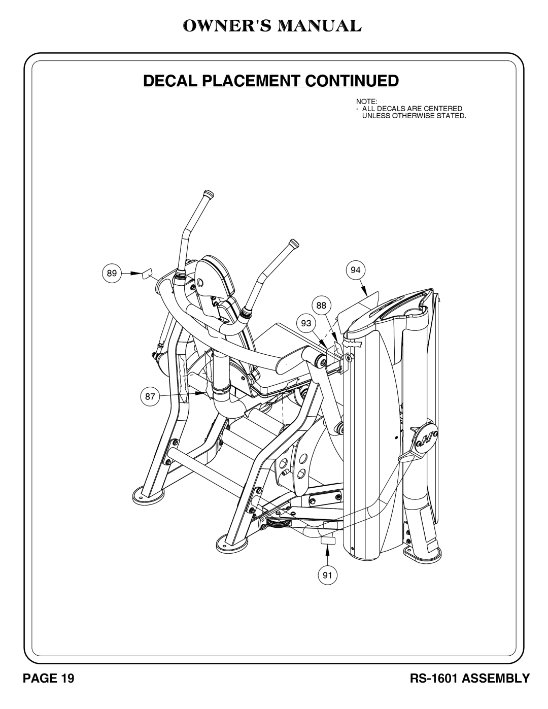 Hoist Fitness RS-1601 owner manual Decal Placement 