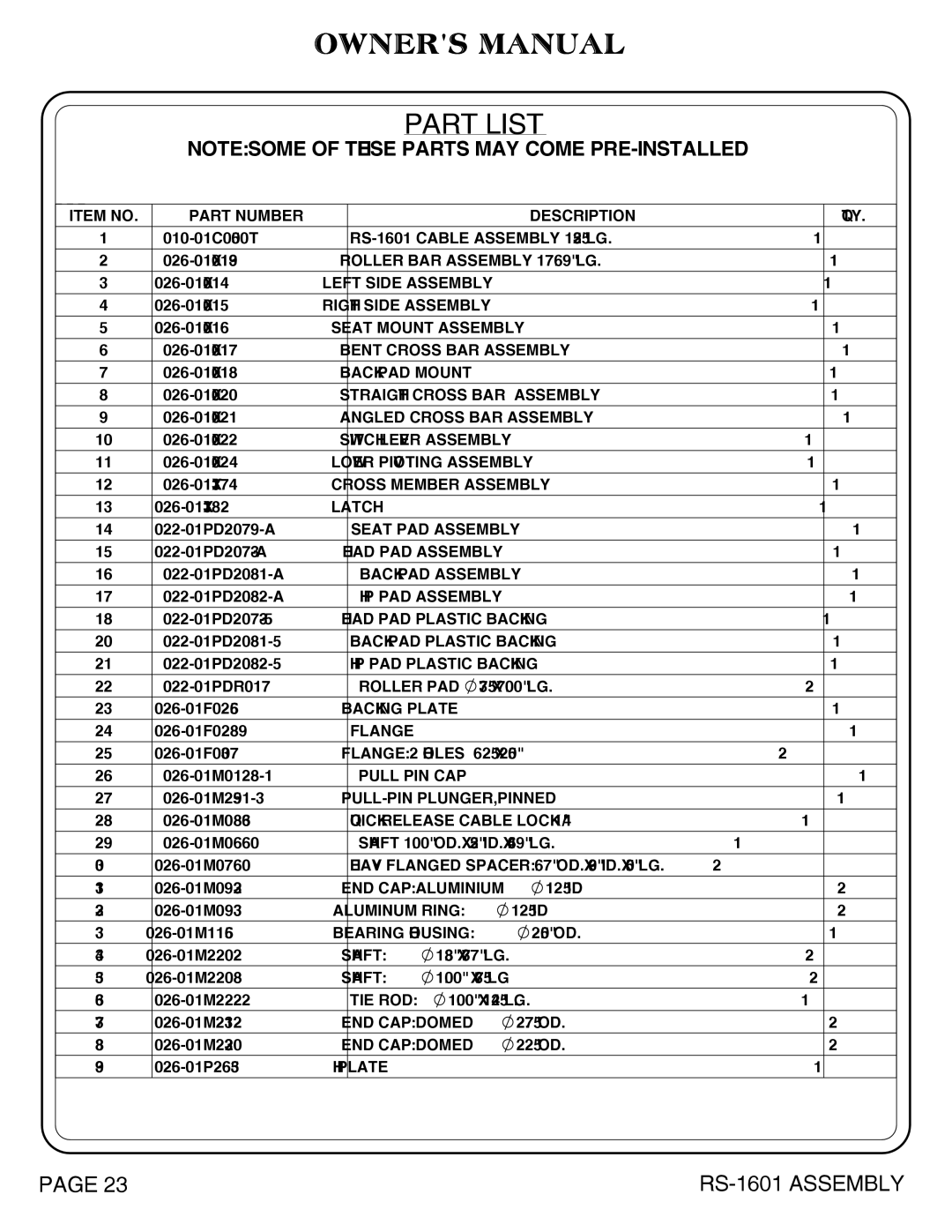 Hoist Fitness RS-1601 owner manual Plate 