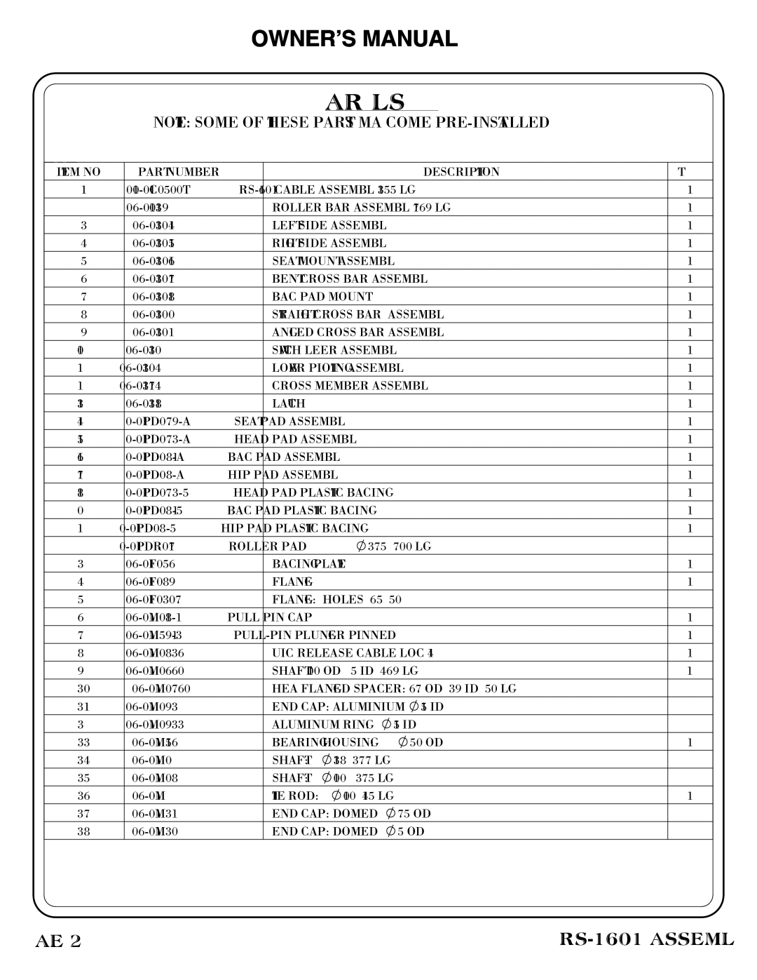 Hoist Fitness RS-1601 owner manual Part List, Quick Release Cable Lock 1/4 