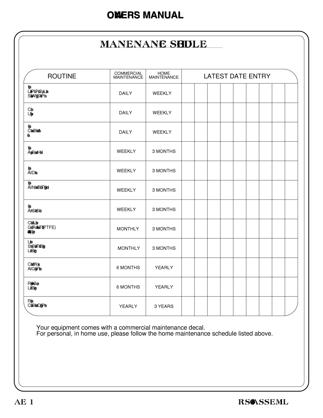 Hoist Fitness RS-1601 owner manual Maintenance Schedule, Routine 