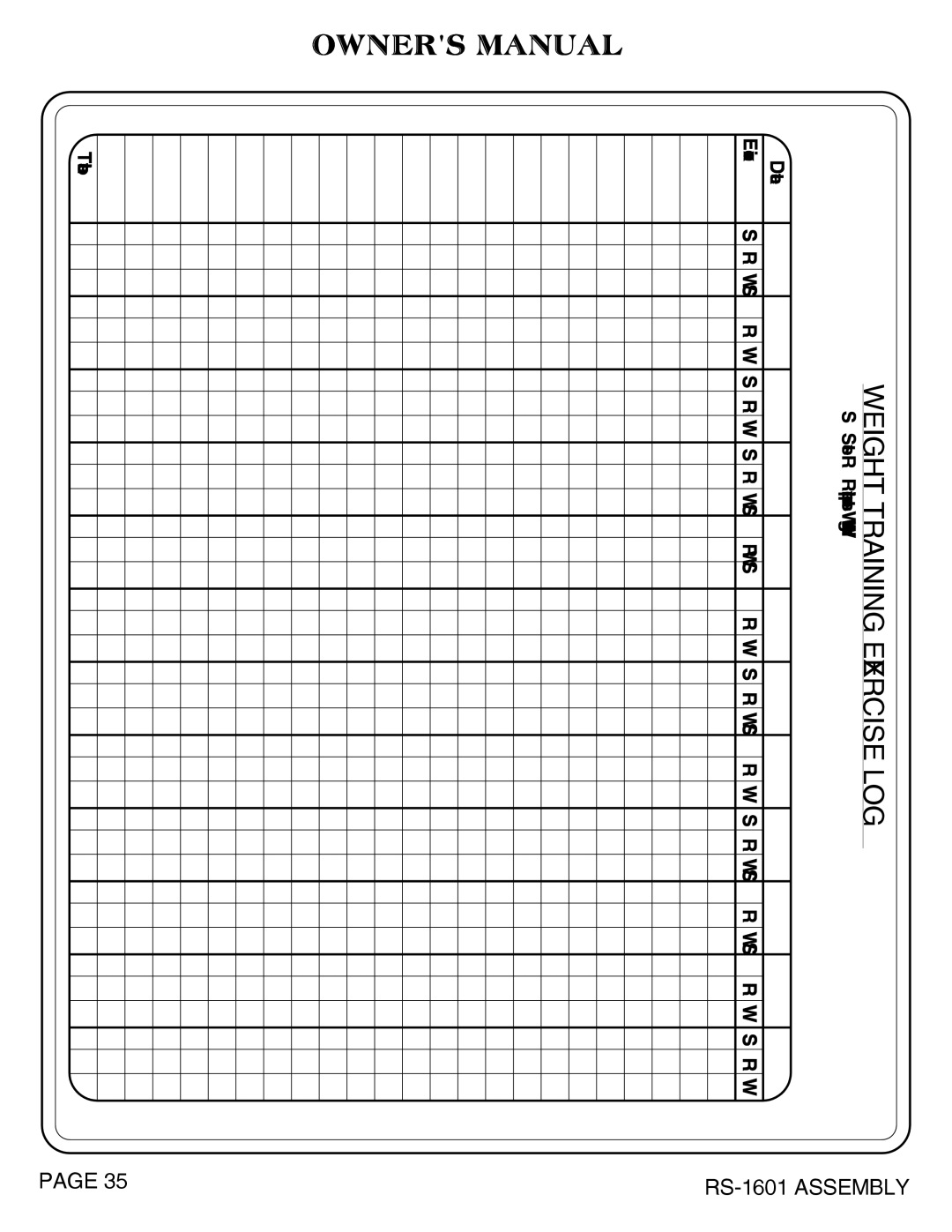 Hoist Fitness RS-1601 owner manual Weight Training Exercise LOG 