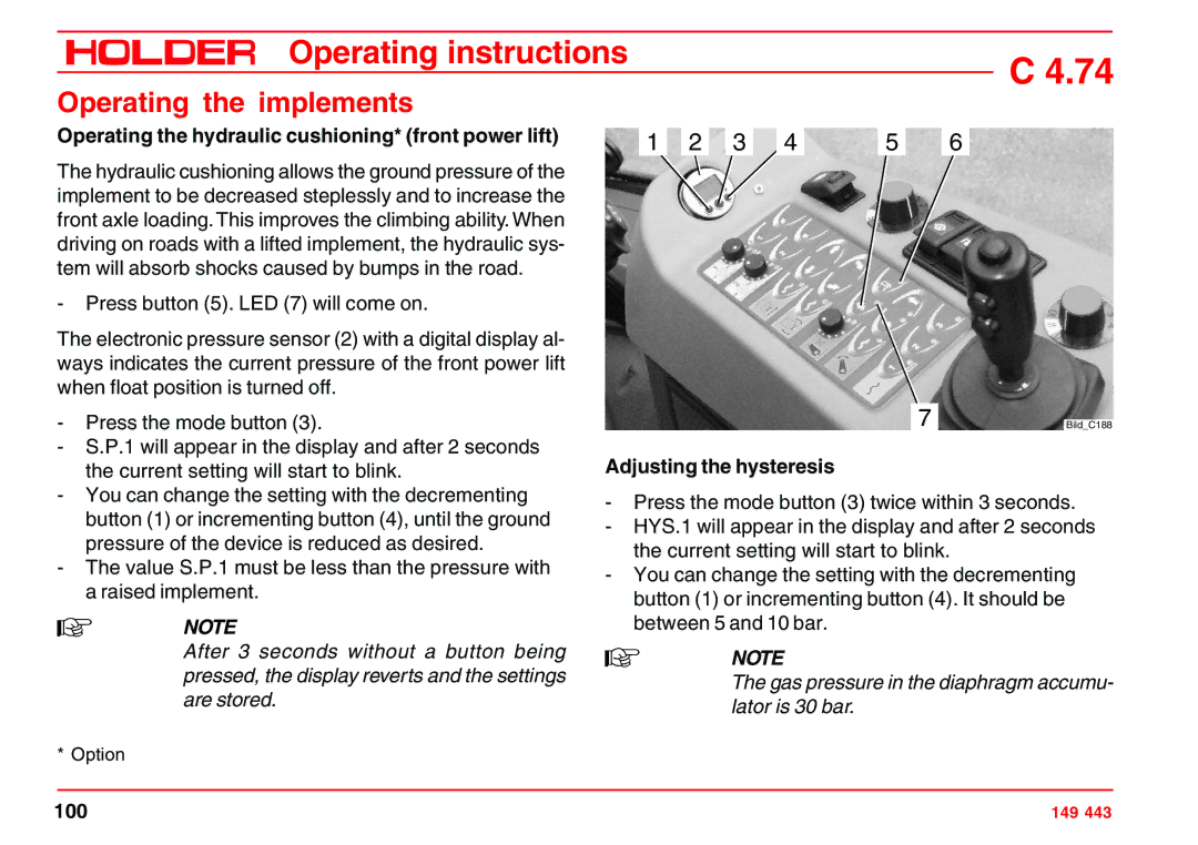 Holder 4.74 manual Operating the hydraulic cushioning* front power lift, Adjusting the hysteresis 