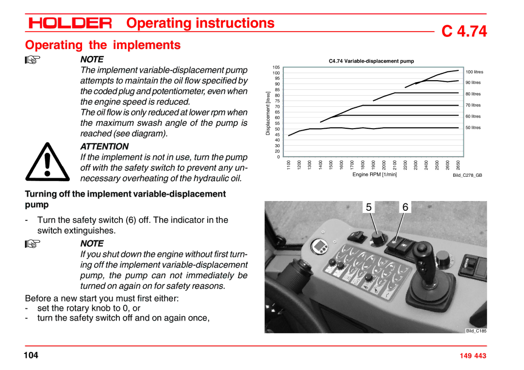 Holder 4.74 manual Turning off the implement variable-displacement Pump 