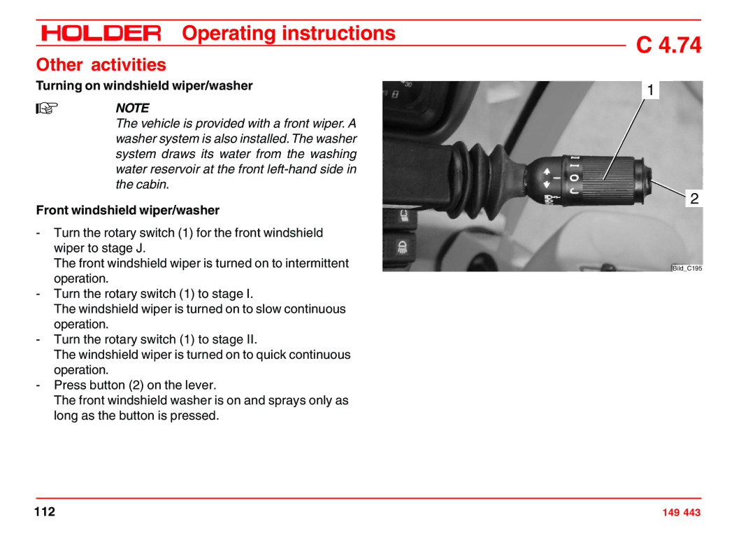 Holder 4.74 manual Other activities, Turning on windshield wiper/washer, Front windshield wiper/washer 