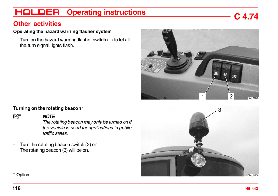 Holder 4.74 manual Operating the hazard warning flasher system, Turning on the rotating beacon 