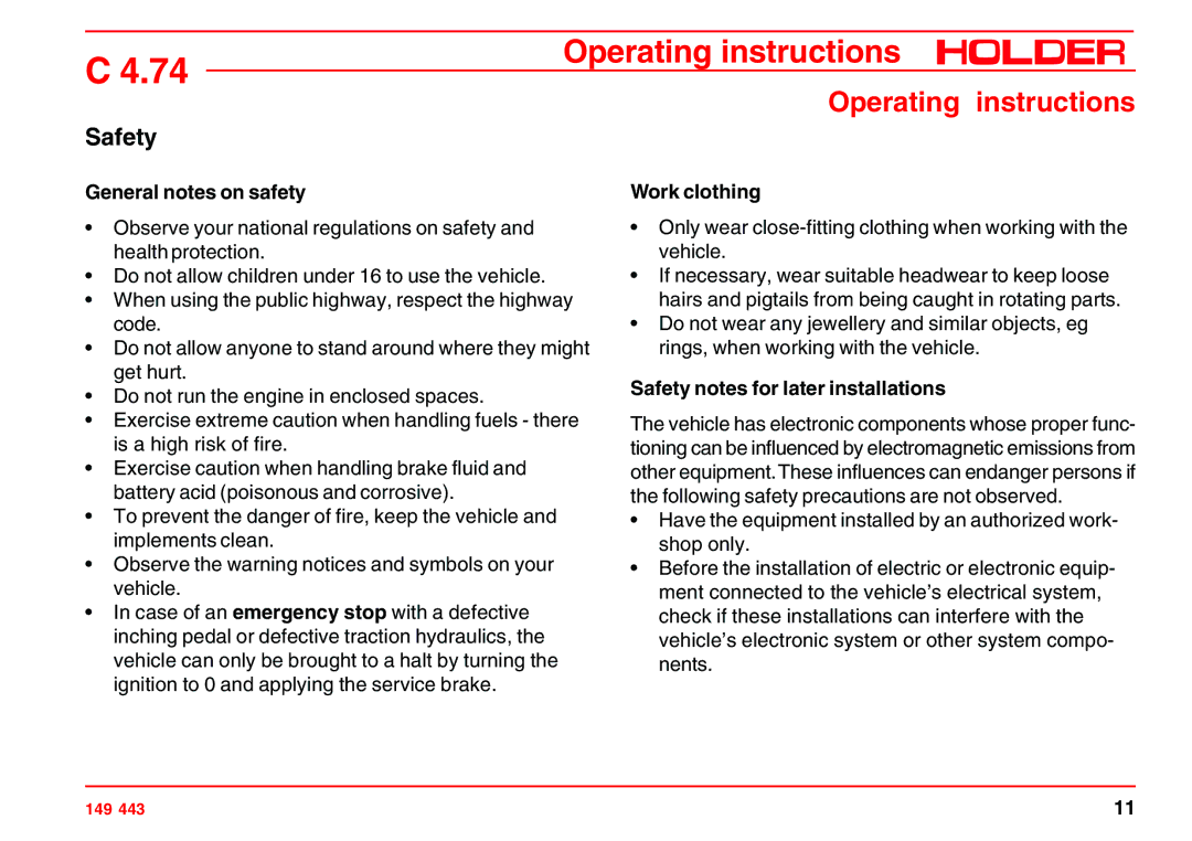 Holder 4.74 manual General notes on safety, Work clothing, Safety notes for later installations 