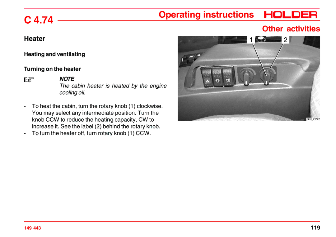 Holder 4.74 manual Heater, Heating and ventilating Turning on the heater 