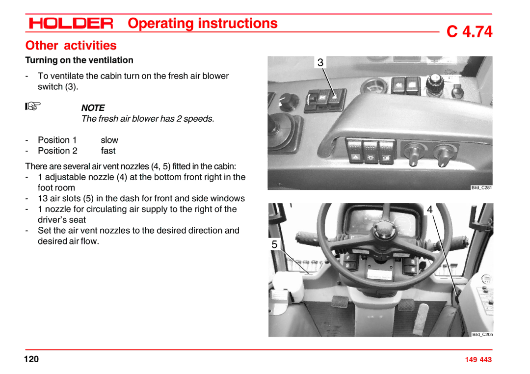 Holder 4.74 manual Turning on the ventilation, Fresh air blower has 2 speeds 