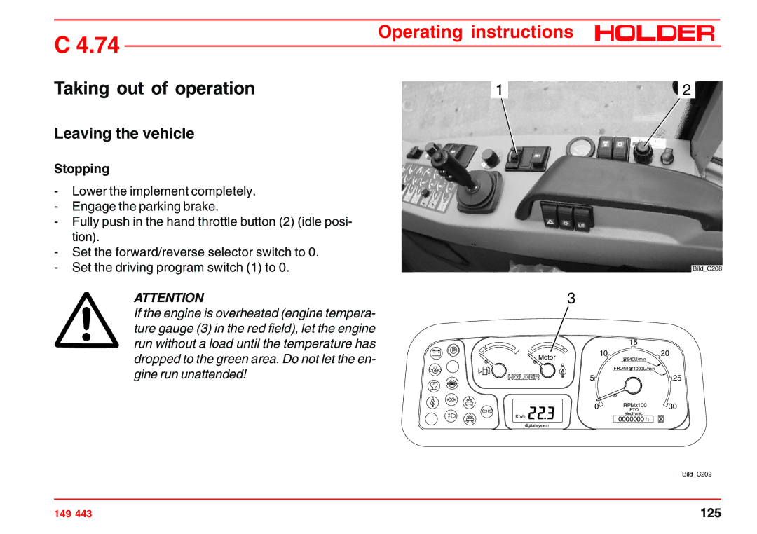 Holder 4.74 manual Taking out of operation, Leaving the vehicle, Stopping 