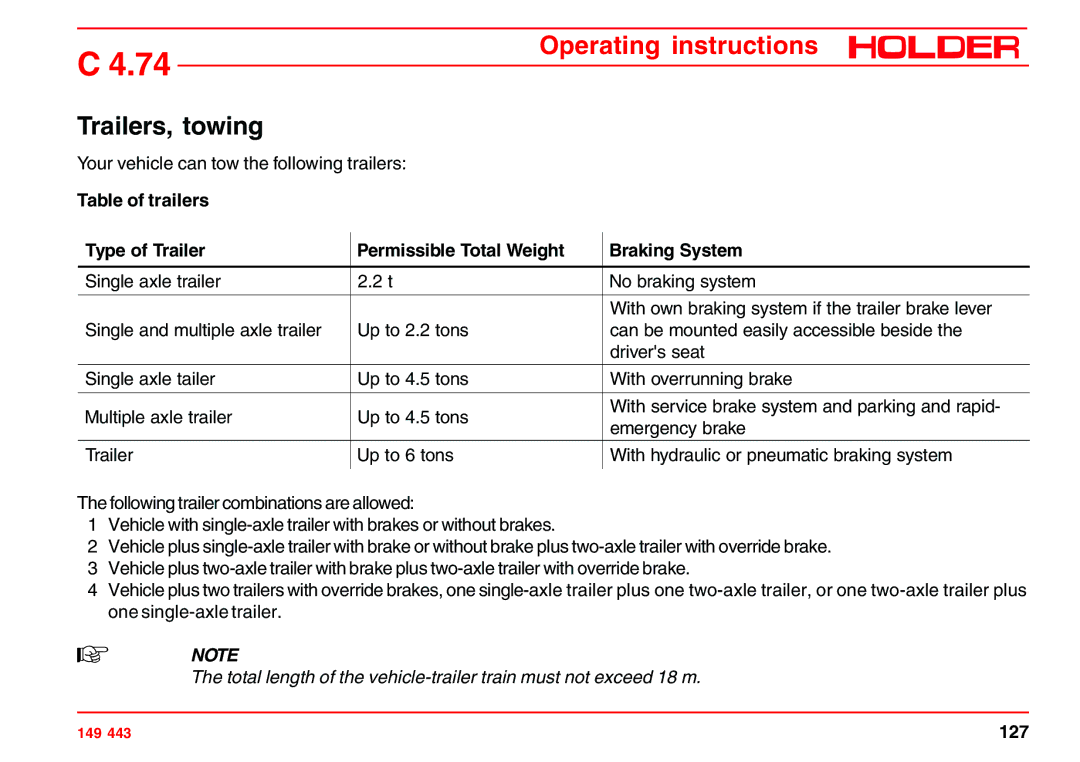 Holder 4.74 manual Trailers, towing 