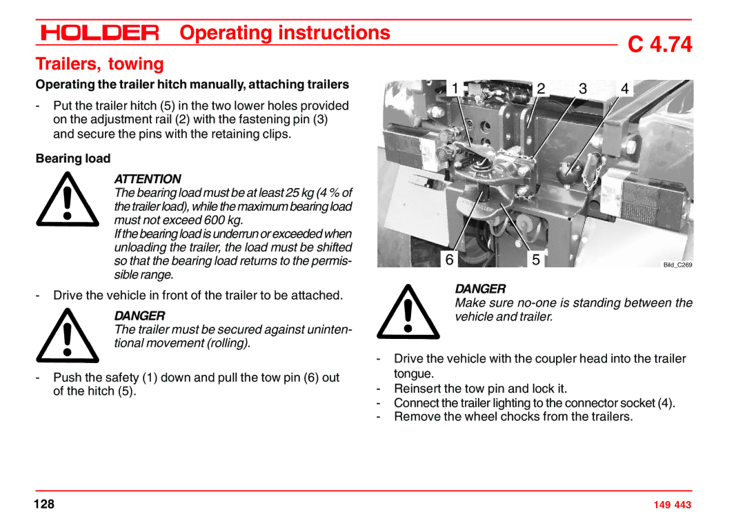 Holder 4.74 Trailers, towing, Operating the trailer hitch manually, attaching trailers, Bearing load 