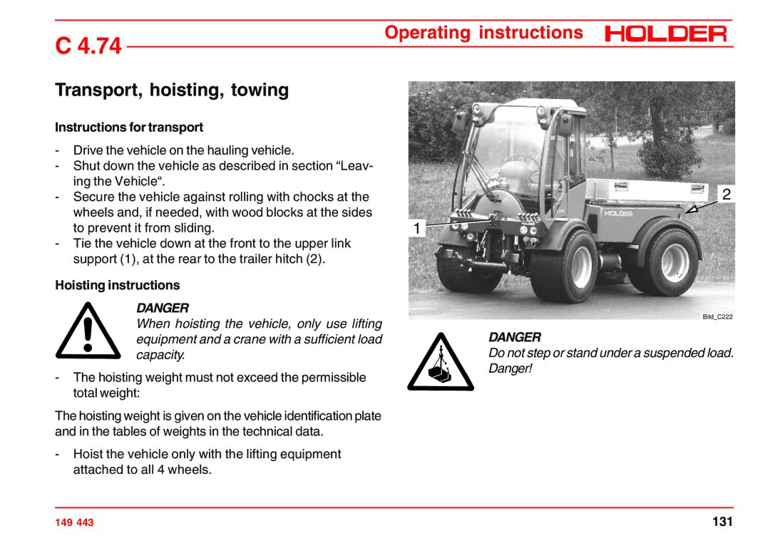 Holder 4.74 manual Transport, hoisting, towing, Instructions for transport, Hoisting instructions 