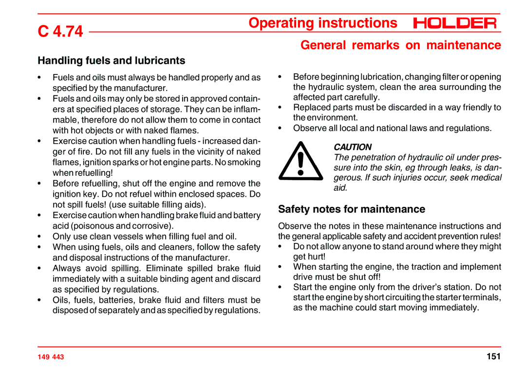 Holder 4.74 manual Handling fuels and lubricants, Safety notes for maintenance 