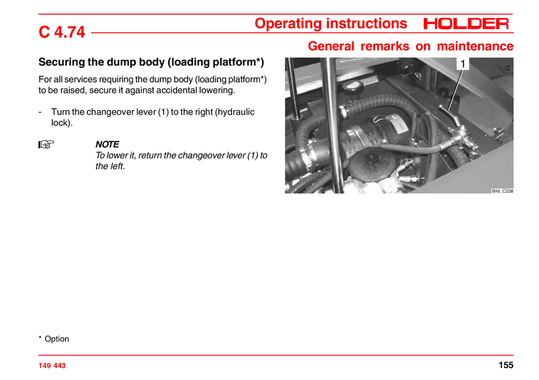 Holder 4.74 manual Securing the dump body loading platform, To lower it, return the changeover lever 1 to the left 