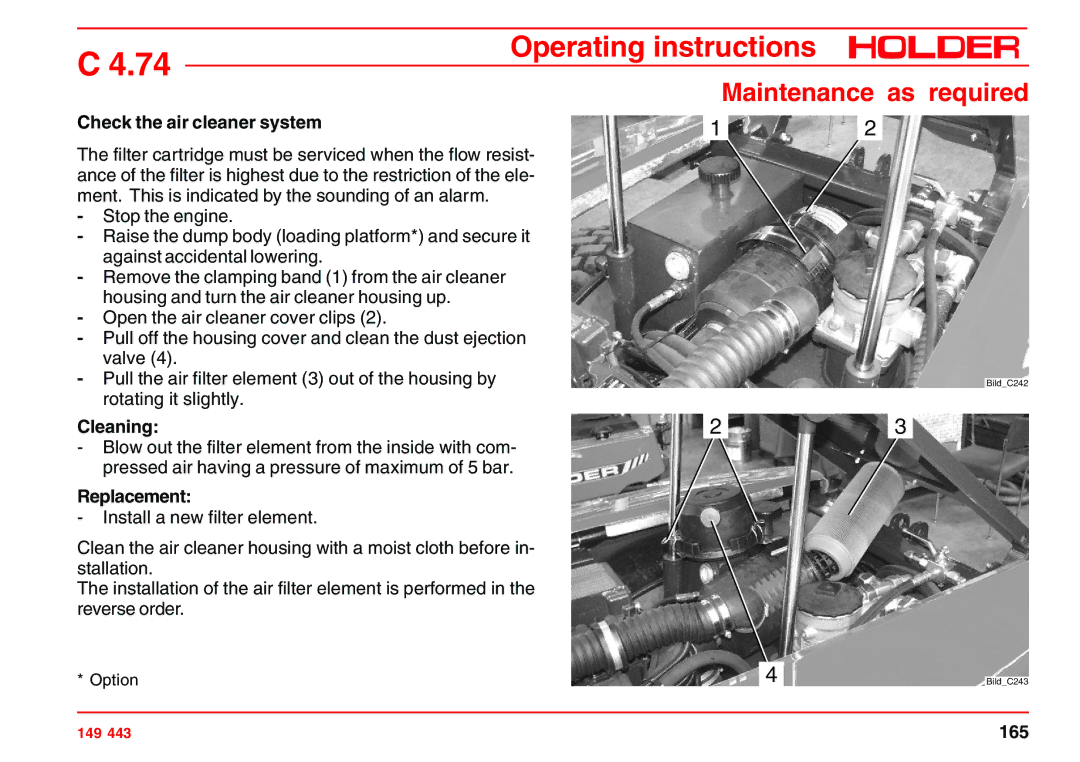 Holder 4.74 manual Cleaning, Replacement 