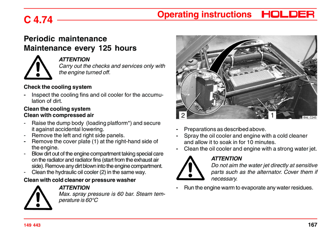 Holder 4.74 manual Periodic maintenance Maintenance every 125 hours, Check the cooling system 