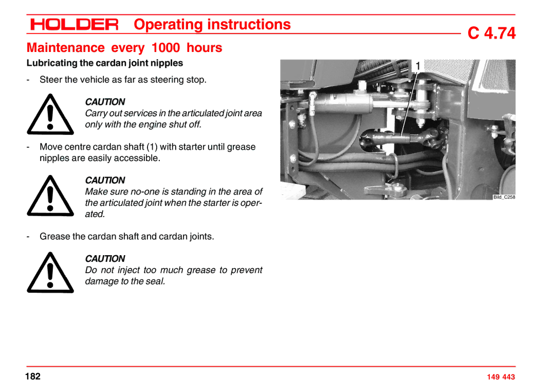 Holder 4.74 manual Lubricating the cardan joint nipples, Do not inject too much grease to prevent damage to the seal 