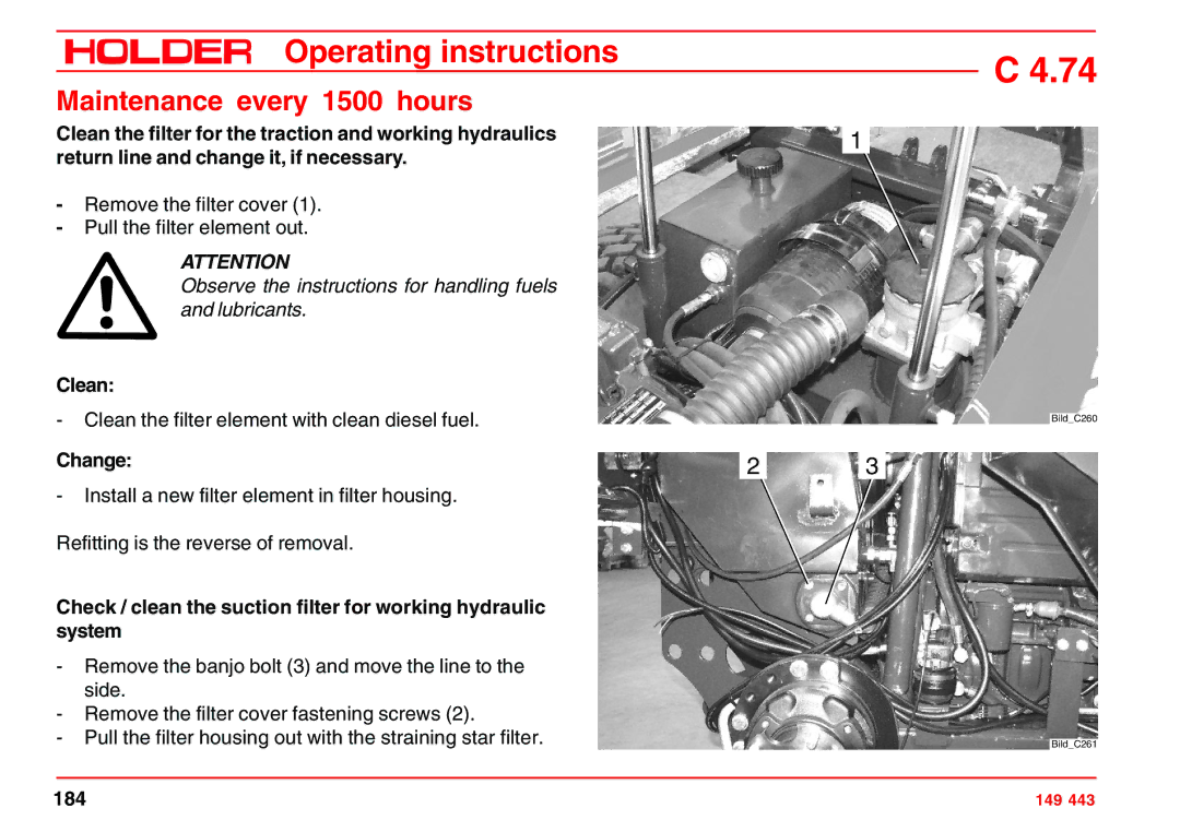 Holder 4.74 manual Maintenance every 1500 hours, Clean, Change 