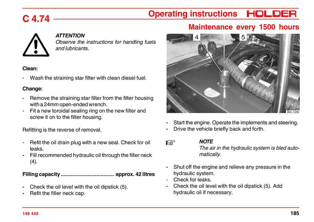 Holder 4.74 manual Air in the hydraulic system is bled auto, Matically 