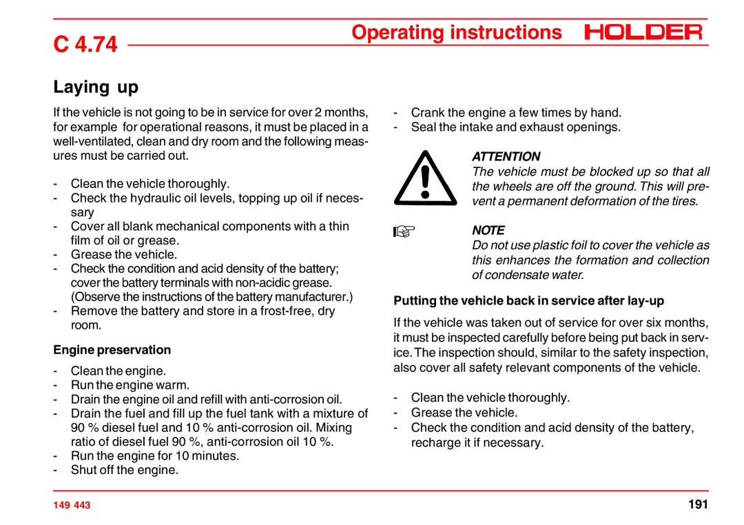 Holder 4.74 manual Laying up, Engine preservation, Putting the vehicle back in service after lay-up 