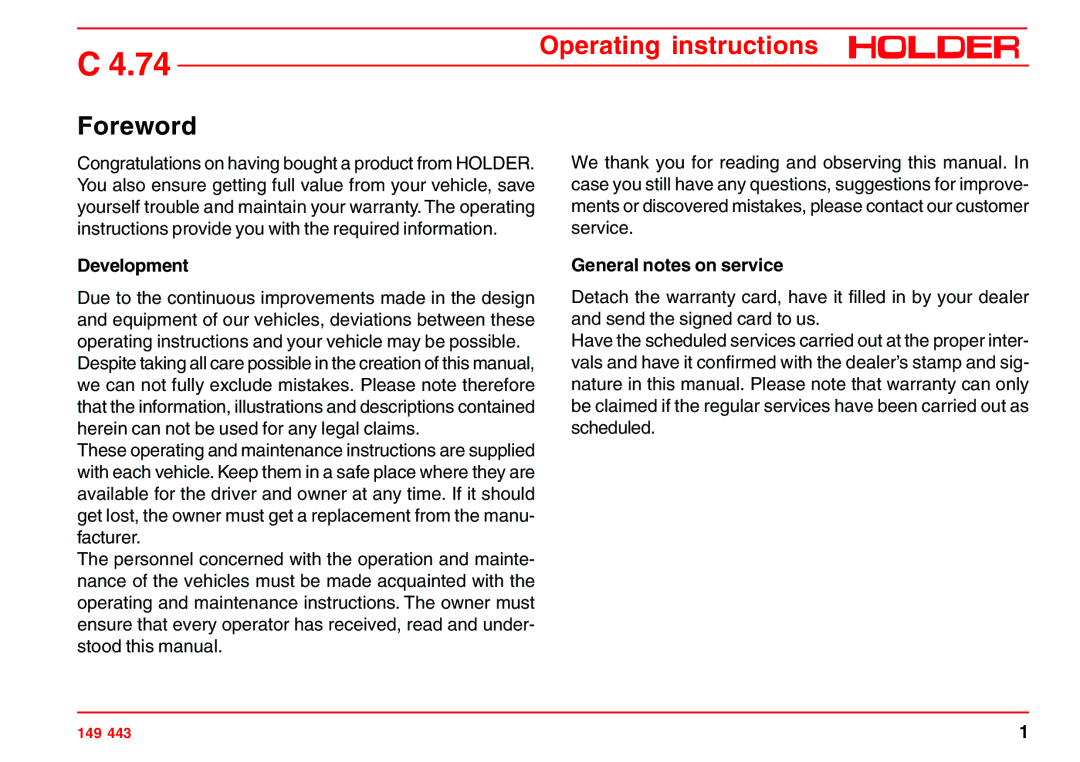 Holder 4.74 manual Operating instructions, Foreword, Development, General notes on service 