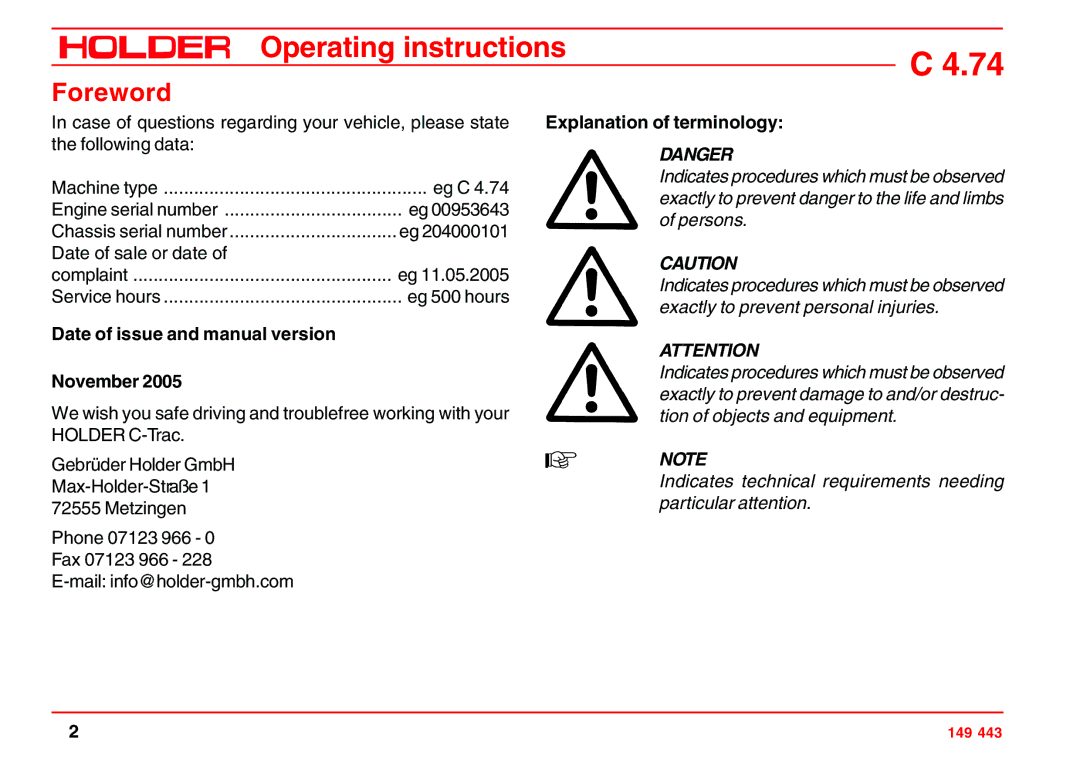 Holder 4.74 Foreword, Date of issue and manual version November, Explanation of terminology 