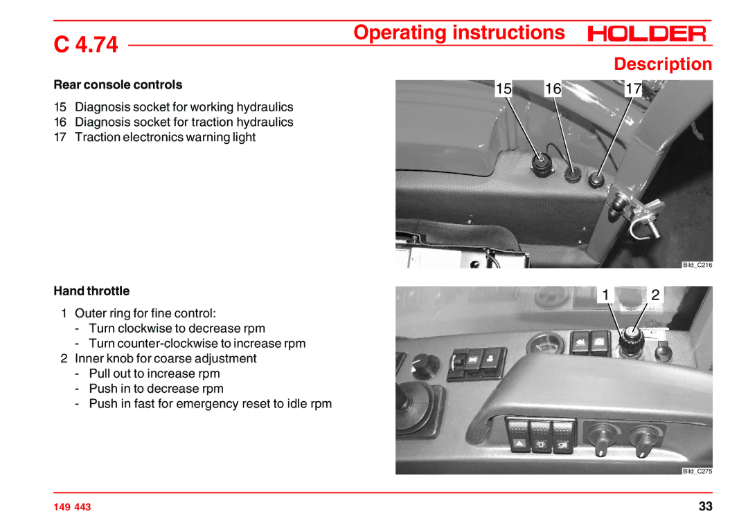 Holder 4.74 manual Rear console controls, Hand throttle 