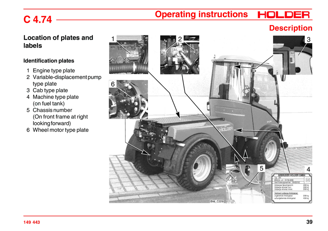 Holder 4.74 manual Location of plates and labels, Identification plates 