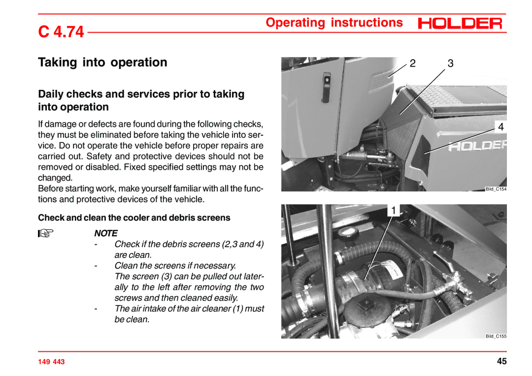 Holder 4.74 manual Taking into operation, Daily checks and services prior to taking into operation 