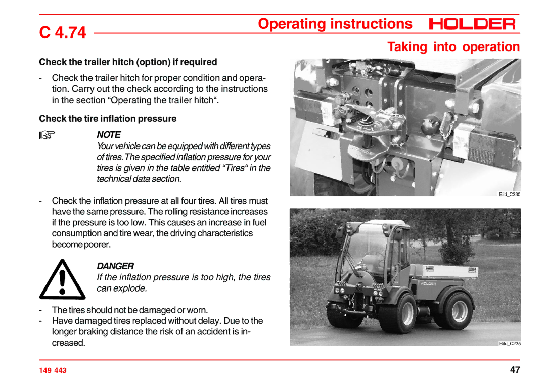 Holder 4.74 manual Check the trailer hitch option if required, Check the tire inflation pressure 