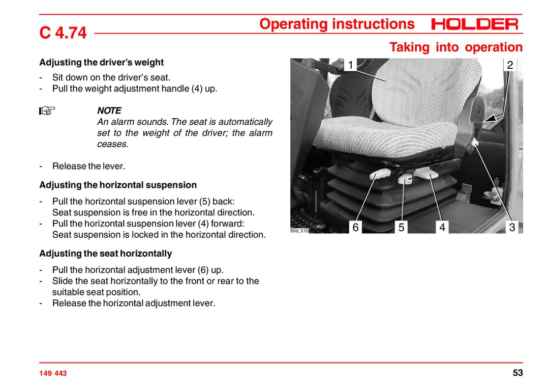 Holder 4.74 manual Adjusting the driver’s weight, Adjusting the horizontal suspension, Adjusting the seat horizontally 