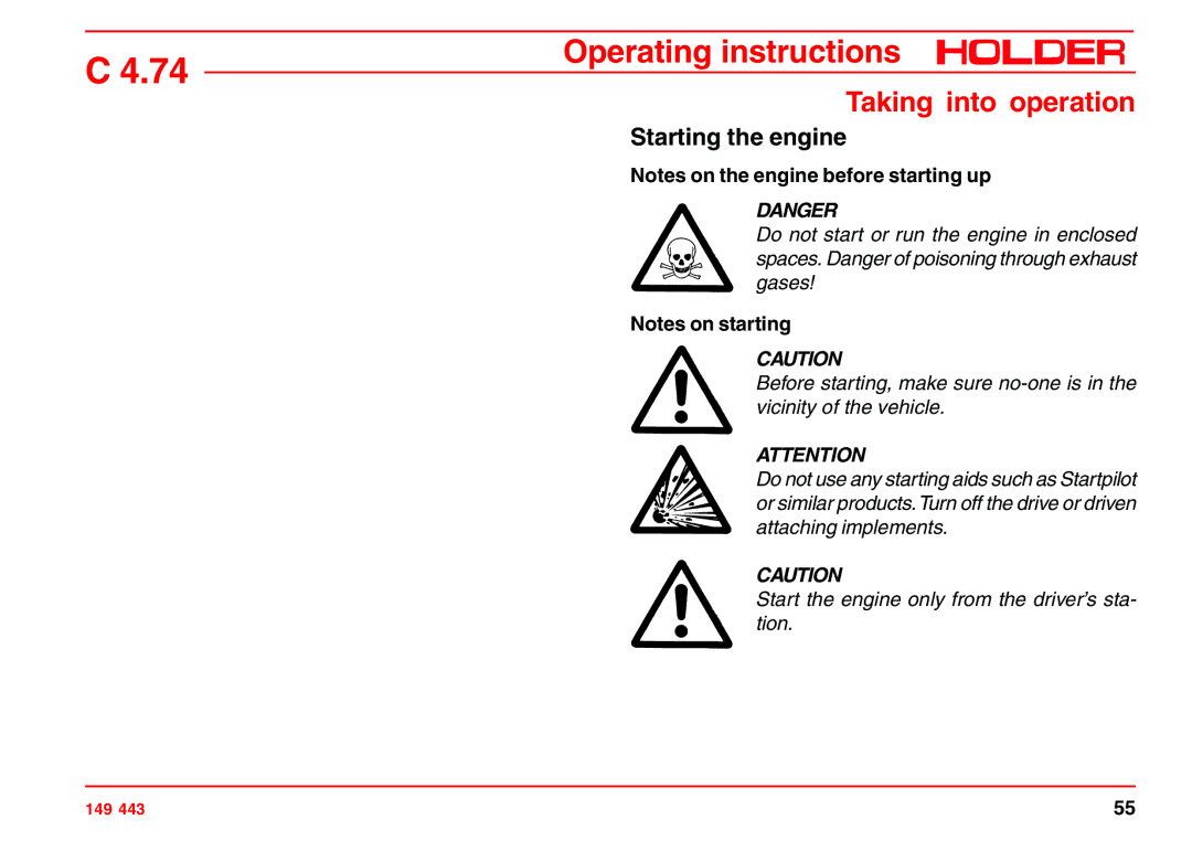 Holder 4.74 manual Starting the engine 