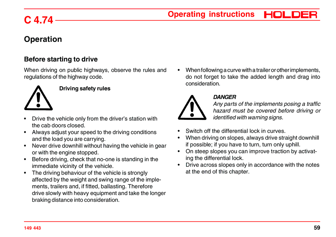 Holder 4.74 manual Operation, Before starting to drive, Driving safety rules 